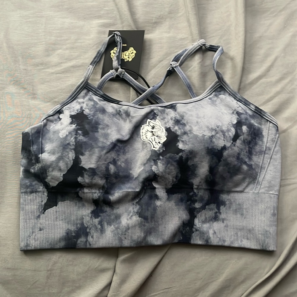 Darc Sport Gray & Black Tie-Dye Crisscross Sports Bra NWOT